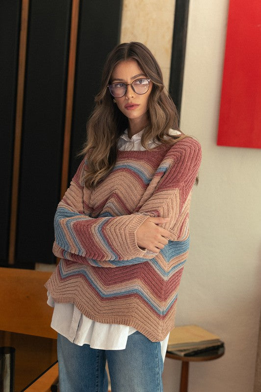 Annie Multi Color Zig-Zag Round Neck Sweater