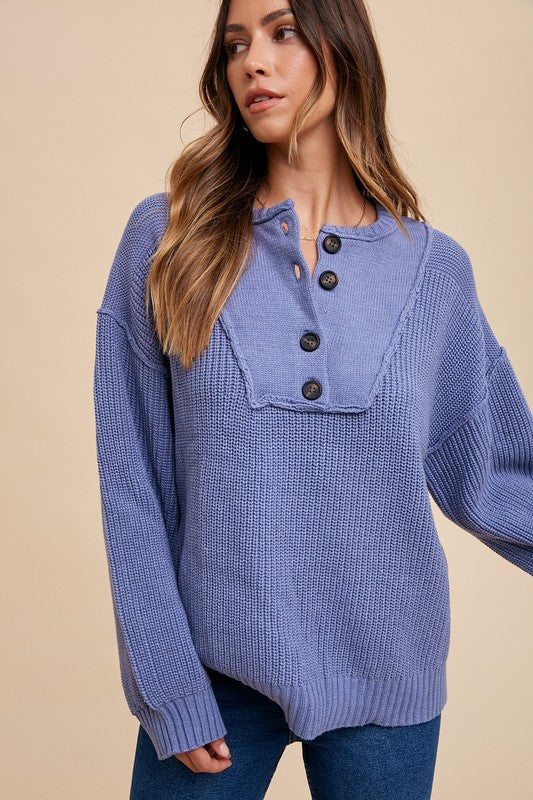 Kasey Half Button Ribbed Hem Sweater