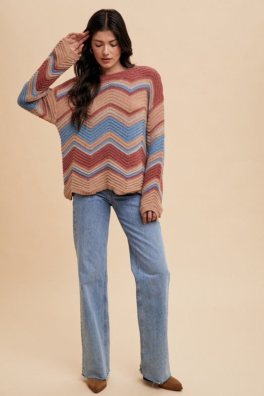 Annie Multi Color Zig-Zag Round Neck Sweater