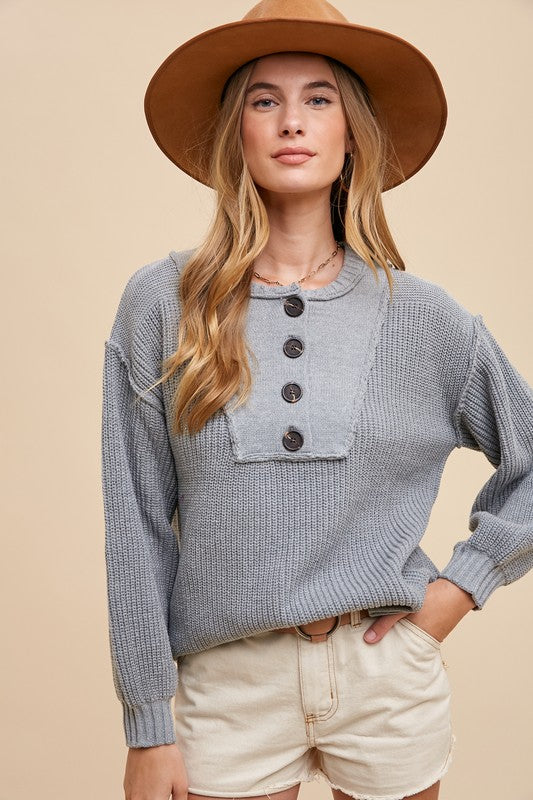 Kasey Half Button Ribbed Hem Sweater