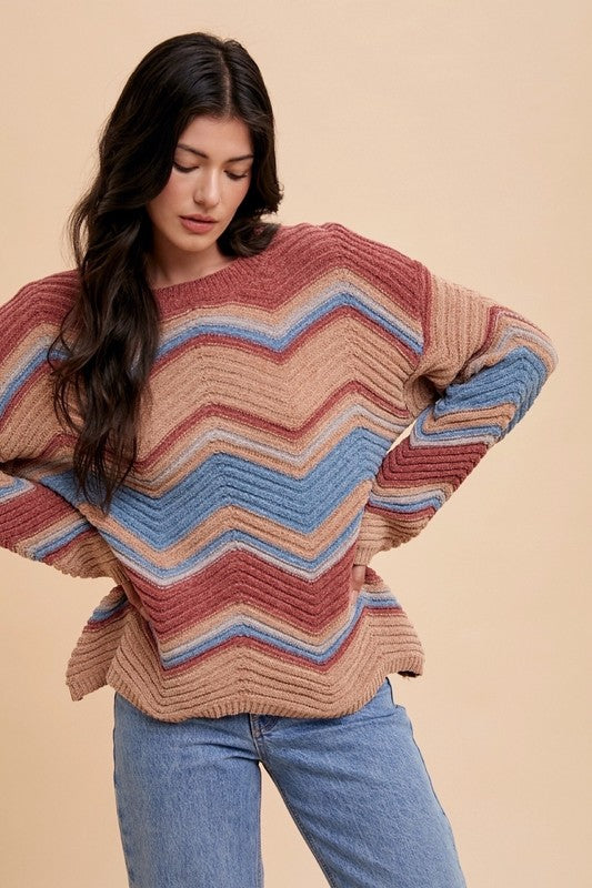 Annie Multi Color Zig-Zag Round Neck Sweater