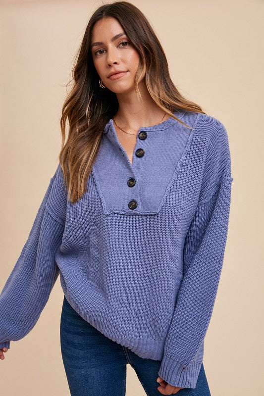 Kasey Half Button Ribbed Hem Sweater