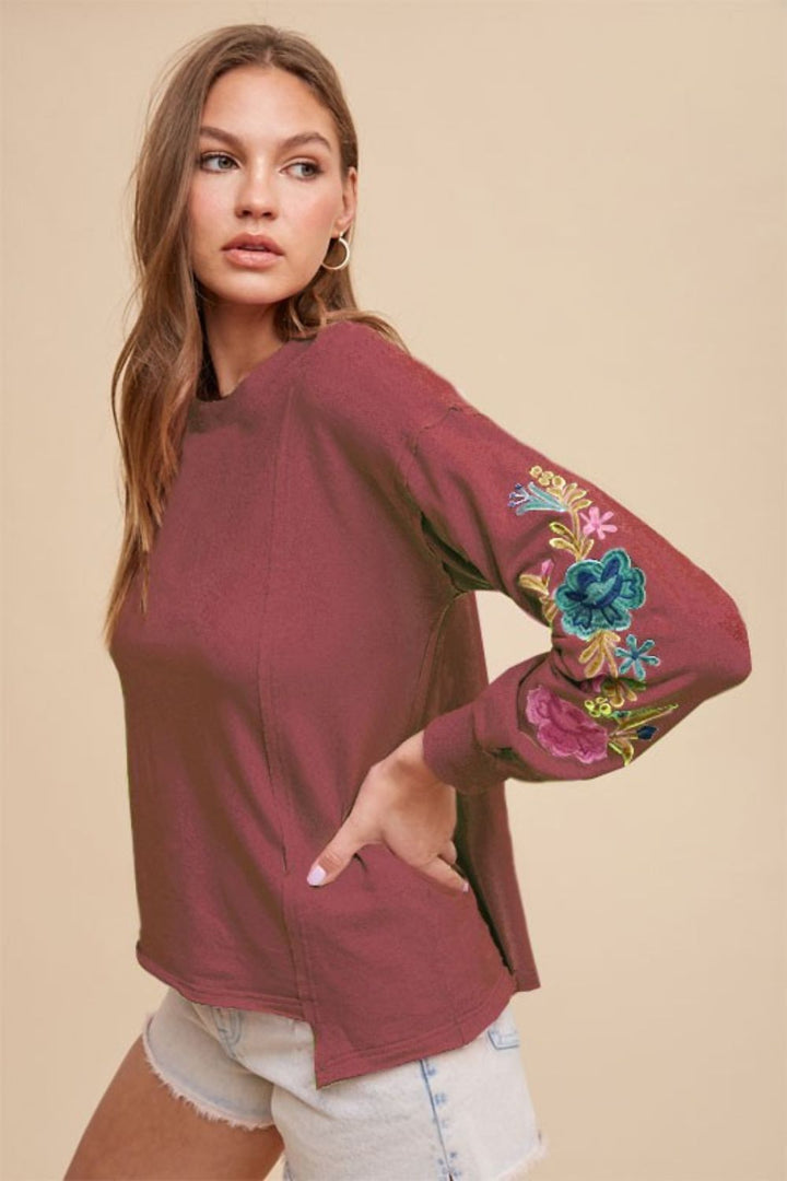 Heidi Embroidered Long Sleeve French Terry Top