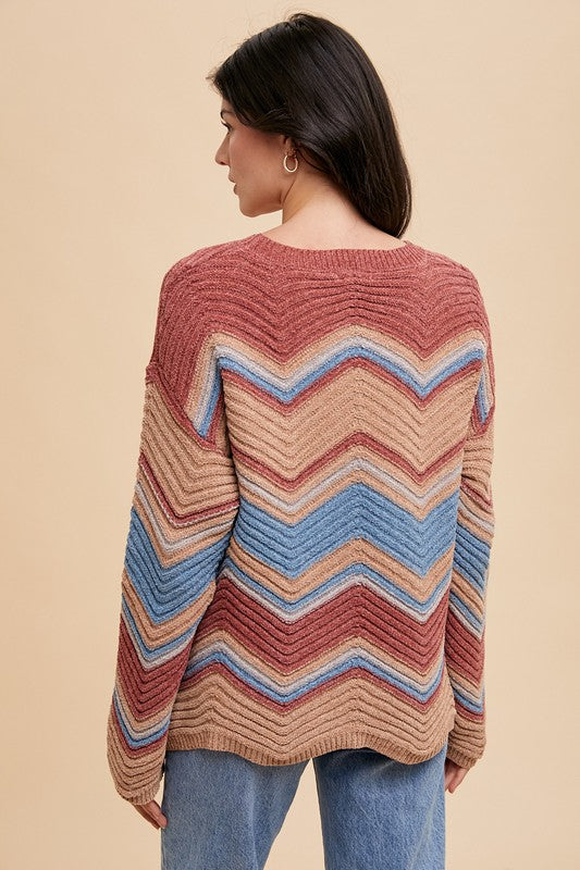 Annie Multi Color Zig-Zag Round Neck Sweater