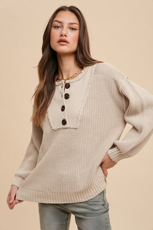 Kasey Half Button Ribbed Hem Sweater