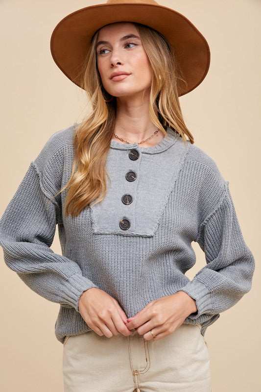 Kasey Half Button Ribbed Hem Sweater
