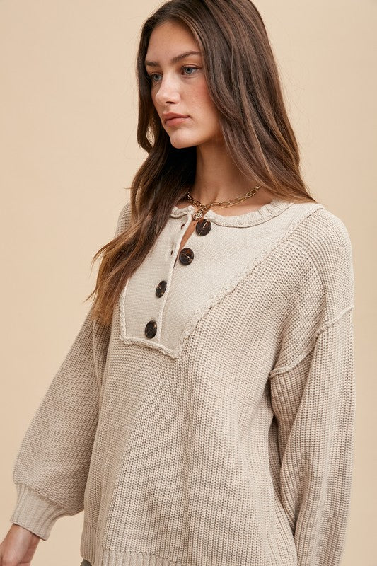 Kasey Half Button Ribbed Hem Sweater