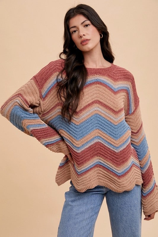 Annie Multi Color Zig-Zag Round Neck Sweater