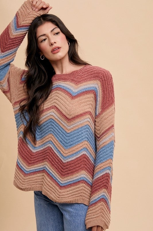 Annie Multi Color Zig-Zag Round Neck Sweater