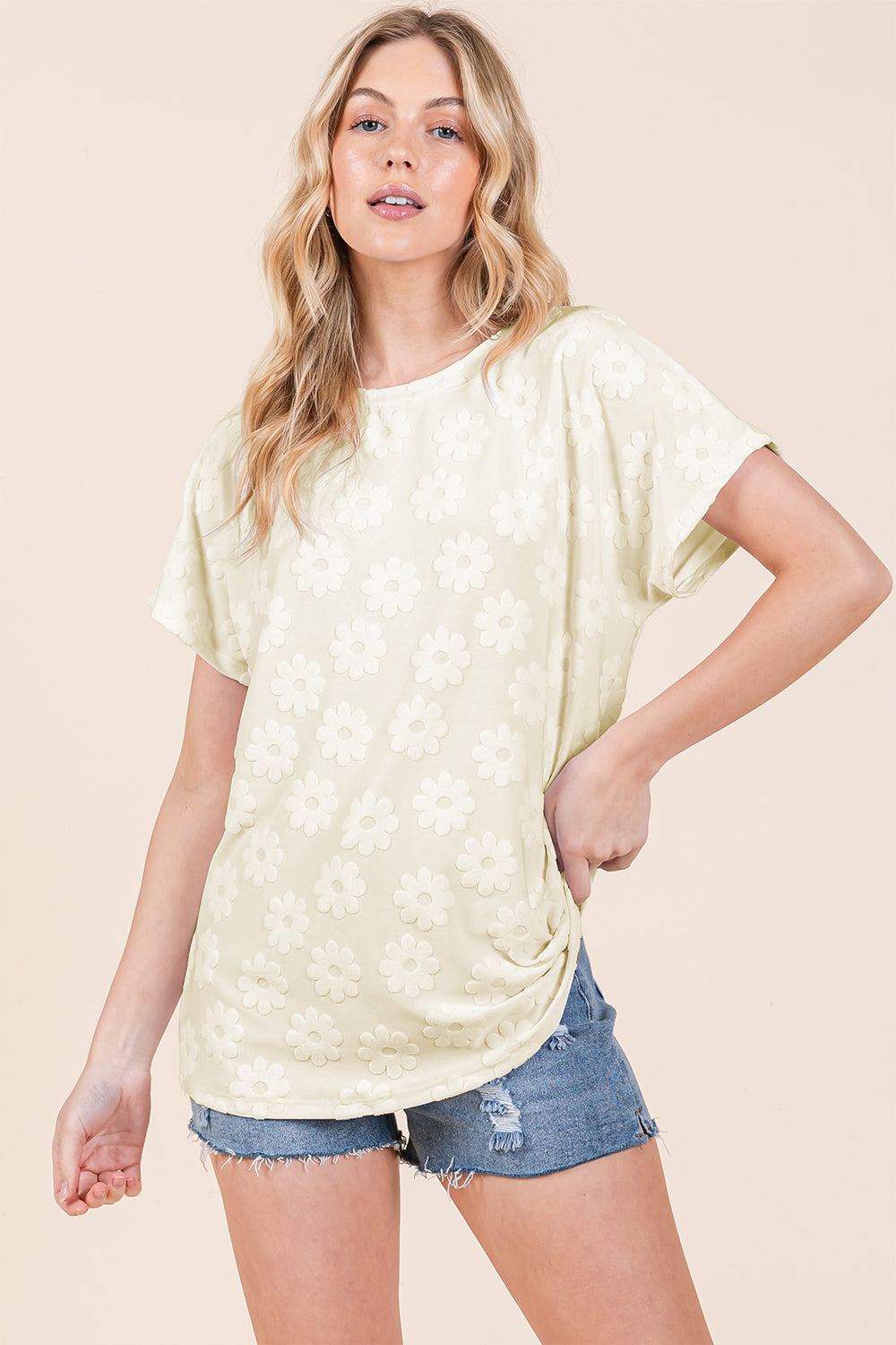 Tori Textured Floral Pattern Short Sleeve T-Shirt