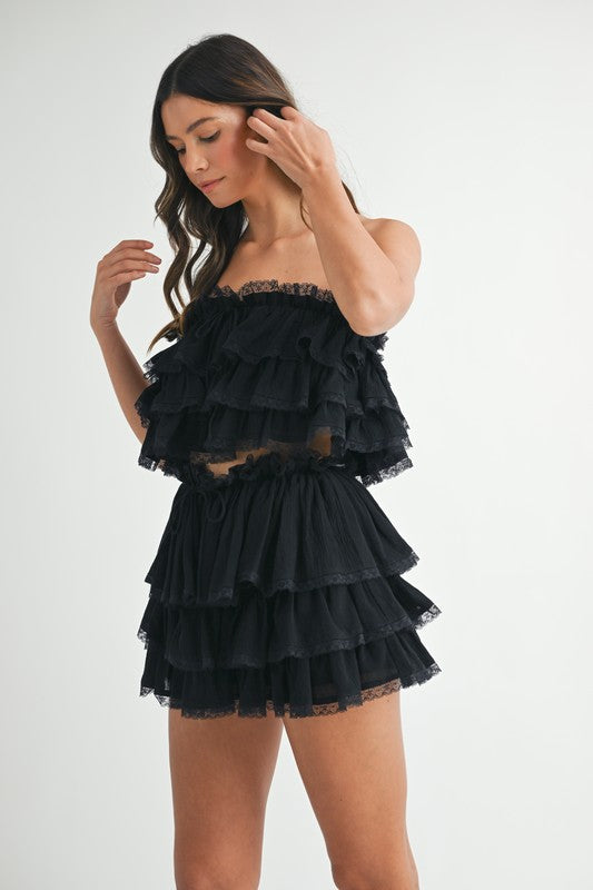 MABLE Ruffle Layered Crop Top and Mini Skirt Set
