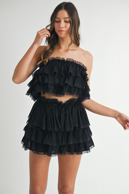 MABLE Ruffle Layered Crop Top and Mini Skirt Set