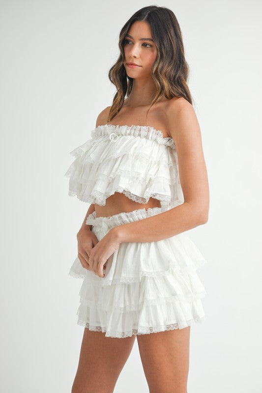 MABLE Ruffle Layered Crop Top and Mini Skirt Set