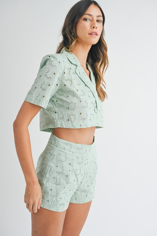 MABLE Eyelet Short Sleeve Crop Top and Shorts Set